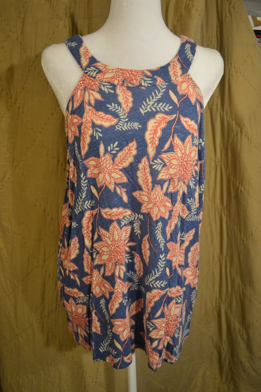 Rachel Zoe 2X Blue Coral Floral Linen Blend Sleeveless Swing Tunic Top
